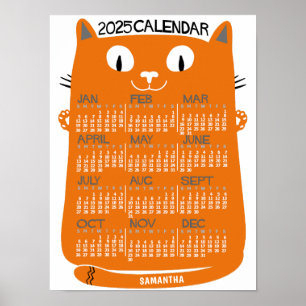 2025 Års Månadskalender Mid-Century Orange Katt Poster