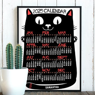 2025 Års Månadskalender Mid-Century Svart Katt Poster