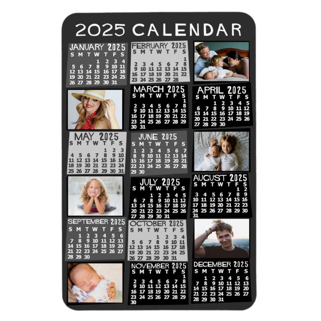 2025 Års Månadskalender Mod Svart Fotokollage Magnet (Vertikal)