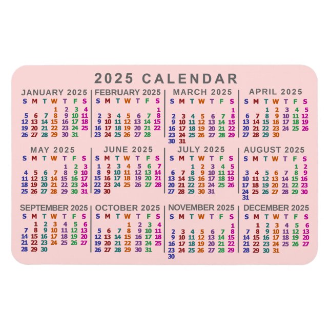2025 års månadskalender  Rosa färgstark Magnet (Horisontell)