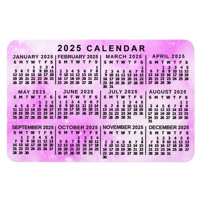 2025 års månadskalender - Rosa - vattenfärgsstjärn Magnet (Horisontell)