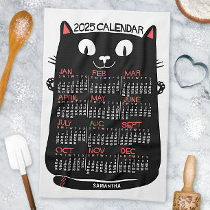 2025 års månadskalender svart katt i mitten av årh kökshandduk