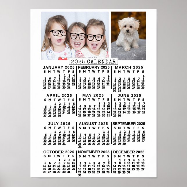 2025 års månadskalender - vit | Anpassningsbar Fot Poster (Framsidan)