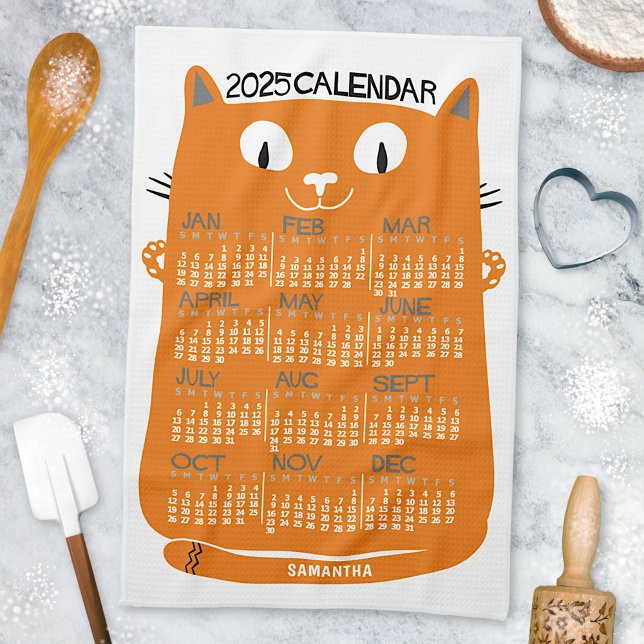 2025 års månatlig kalender Mid-Century Orange Kat Kökshandduk (Skapare uppladdad)