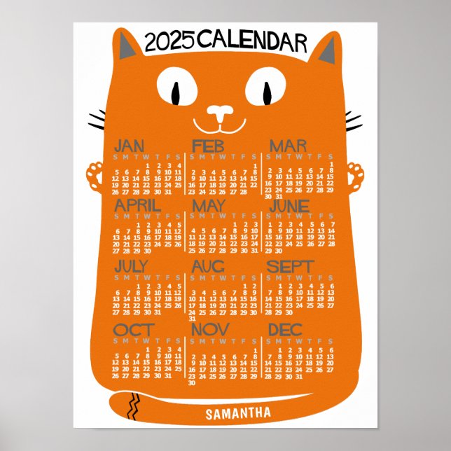 2025 års månatlig kalender Mid-Century Orange Kat Poster (Framsidan)