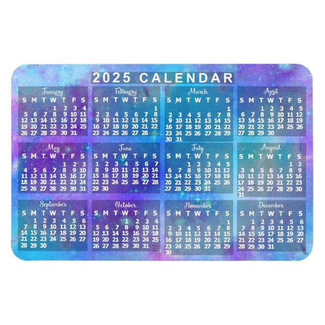2025 års månatliga kalender - blå vattenfärgsstjär magnet (Horisontell)