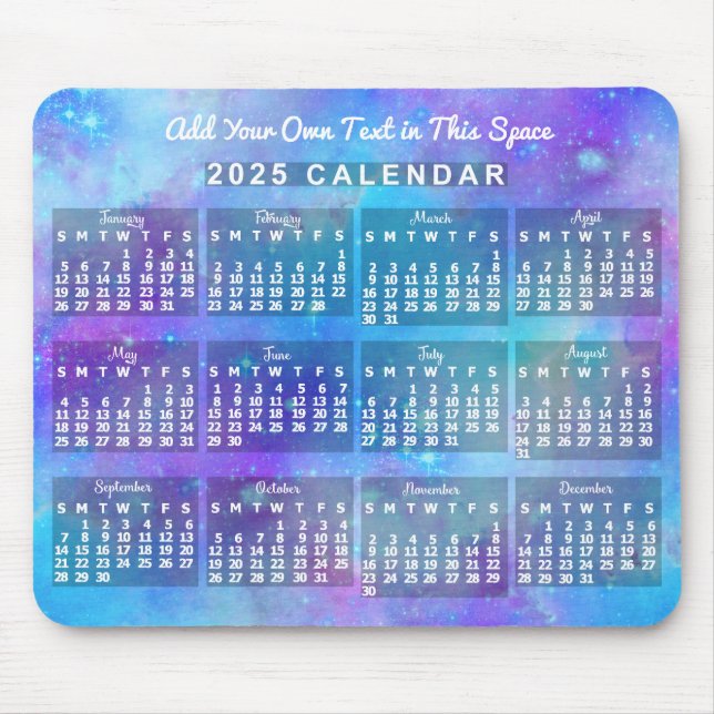 2025 års månatliga kalender - blå vattenfärgsstjär musmatta (Framsidan)
