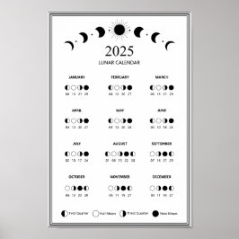 2025 års minimala kalender i Måne Phase Lunar Cycl Poster