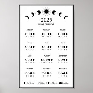 2025 års minimala kalender i Måne Phase Lunar Cycl Poster