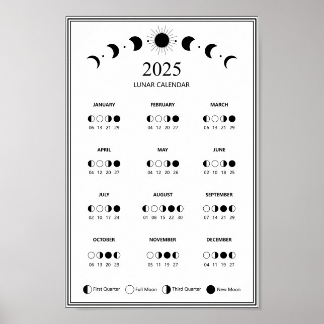 2025 års minimala kalender i Måne Phase Lunar Cycl Poster (Framsidan)