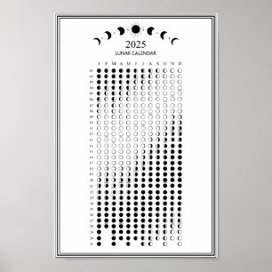 2025 års minimala kalender i Måne Phase Lunar Cycl Poster