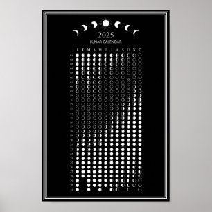 2025 års minimala kalender i Måne Phase Lunar Cycl Poster