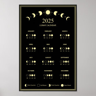 2025 års minimala kalender i Måne Phase Lunar Cycl Poster