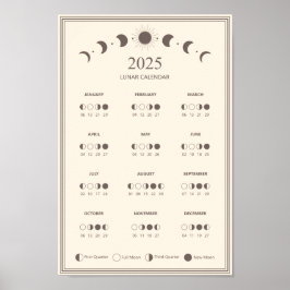 2025 års minimala kalender i Måne Phase Lunar Cycl Poster