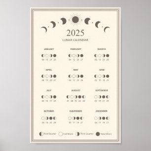 2025 års minimala kalender i Måne Phase Lunar Cycl Poster