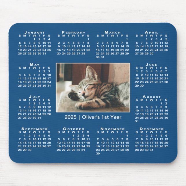2025 års moderna kalender Ditt foto Namn på Blue Musmatta (Framsidan)