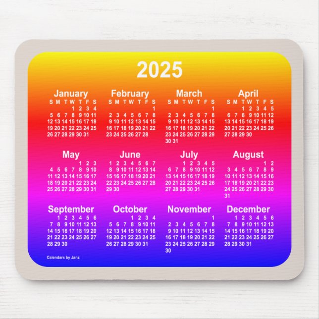 2025 års Neon Rainbow-kalender från Janz Two Tone Musmatta (Framsidan)