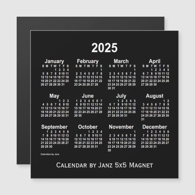 2025 års Neon White Calendar från Janz 5x5 Magnet (Fram/baksida)