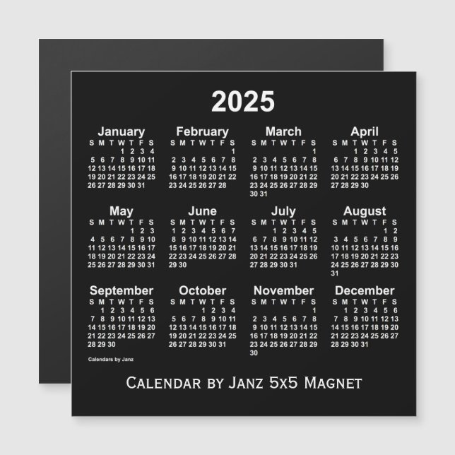 2025 års Neon White Calendar från Janz 5x5 Magnet (Fram/baksida)