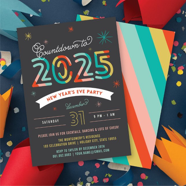 2025 års Nyårsafton Modern Julfest Inbjudningar (Colorful 2025 New Year's Eve Modern Holiday Party Invitation @ fat_fa_tin)