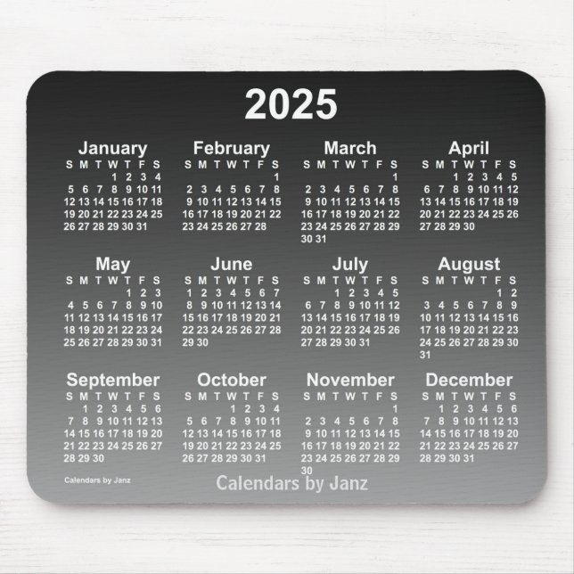 2025 års svarta kalender i Janz Mouse Pad Musmatta (Framsidan)