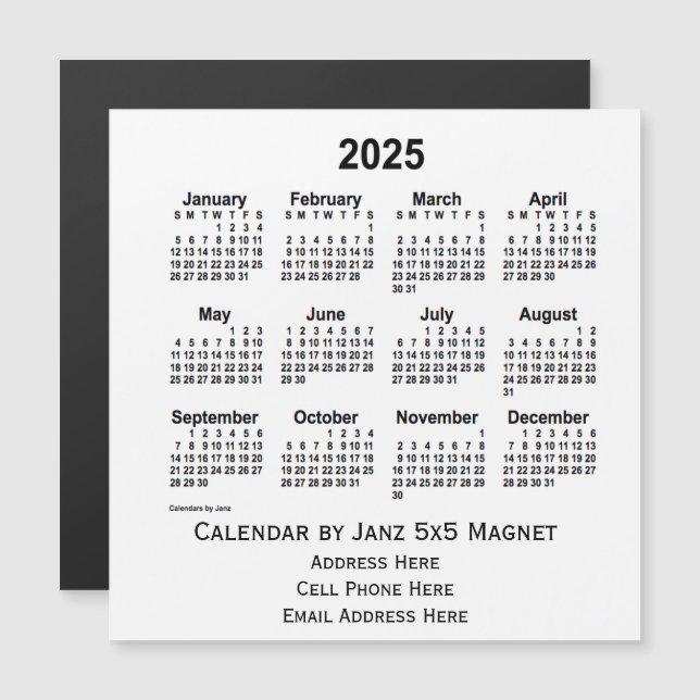 2025 års vita affärskalender från Janz 5x5 Magnet (Fram/baksida)