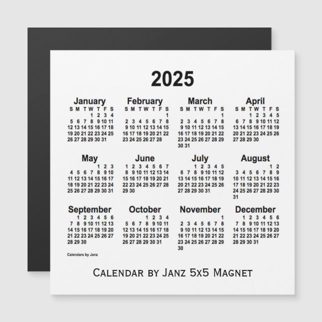 2025 års vita kalender från Janz 5x5 Magnet (Fram/baksida)