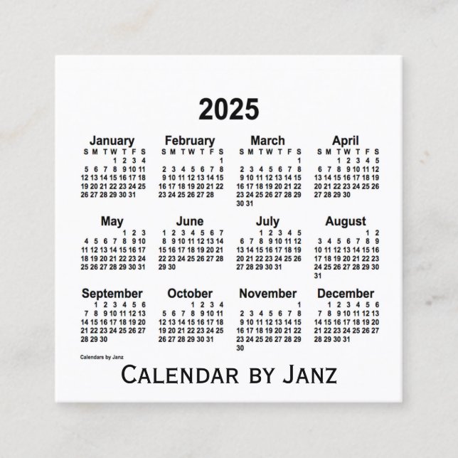 2025 års vita kalender från Janz Square-Affärskort Fyrkantigt Visitkort (Framsida)