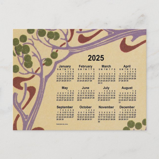 2025 Art nouveau Mini Calendar av Janz Helg Vykort (Framsida)