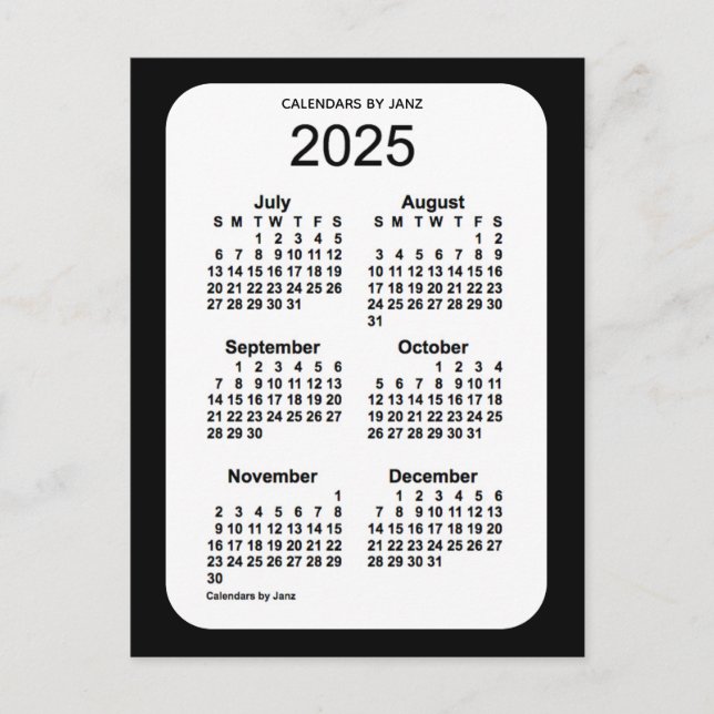 2025 Black 6 Month Mini Calendar från Janz Vykort (Framsida)