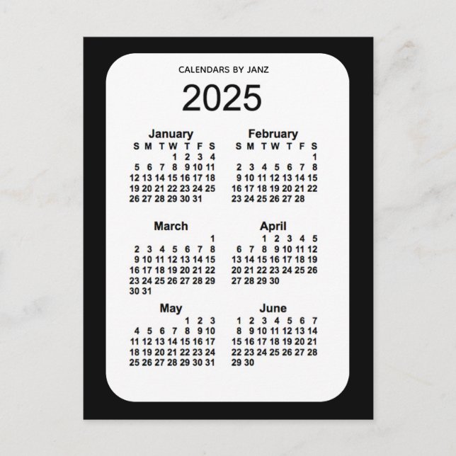 2025 Black 6 Month Mini Calendar från Janz Vykort (Framsida)