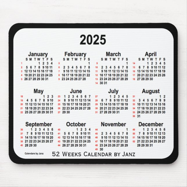 2025 Black Two Tone 52 Weeks-kalender från Janz Musmatta (Framsidan)