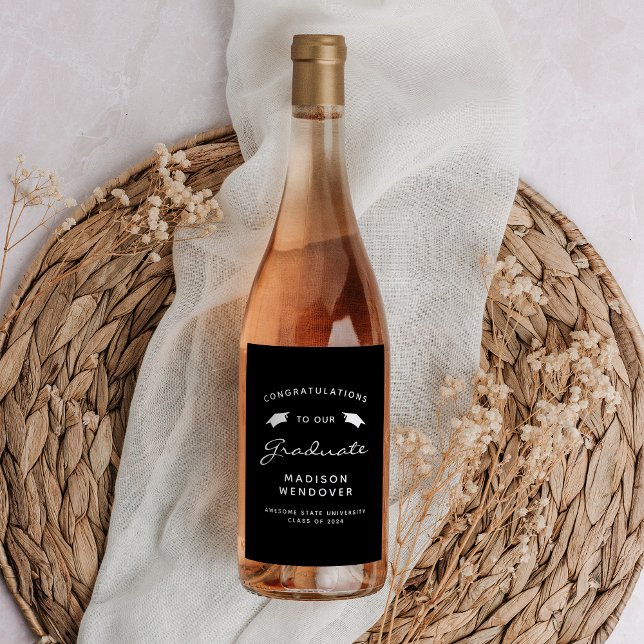 2025 Black White Script Cap Studenten Vinflaska Etikett (Skapare uppladdad)