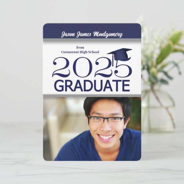2025: Blått och vitt foto Studenten Inbjudningar (Stående Fram)