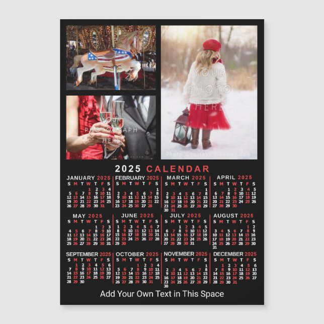 2025 Calendar Black Red Personlig Photo Magnet (Framsida)