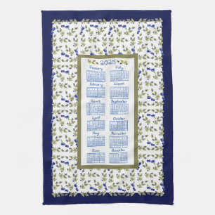 2025 Calendar Blueberry Stem Lövs White Navy Tea Kökshandduk