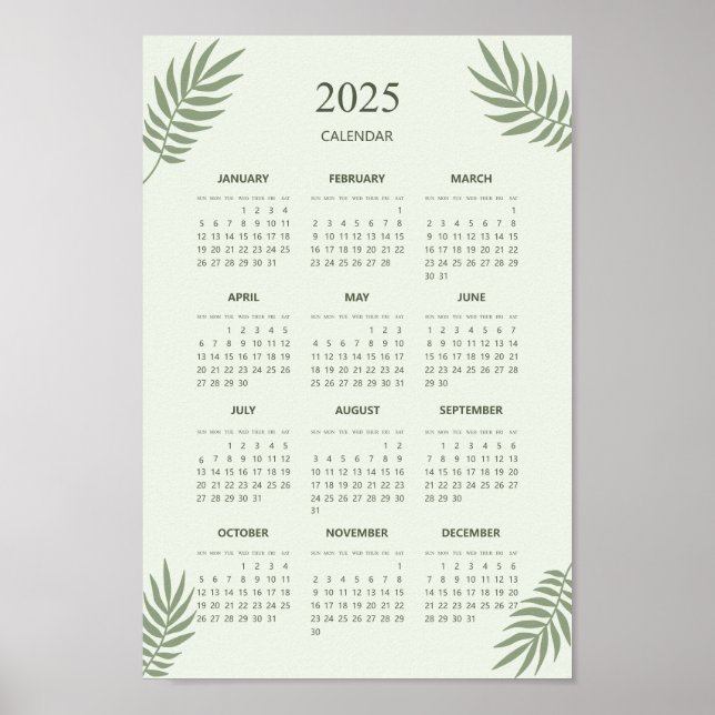 2025 Calendar Boho Blommigt Aesthetic Sage Grönt Poster (Framsidan)