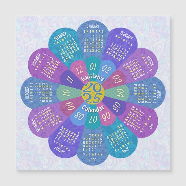 2025 Calendar Boho Lila Flower Anpassningsbar Magn (Framsida)