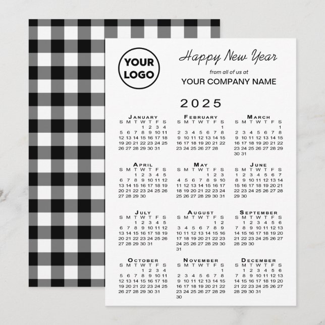 2025 Calendar Business Logotyp Black White Gingham Julkort (Fram/baksida)