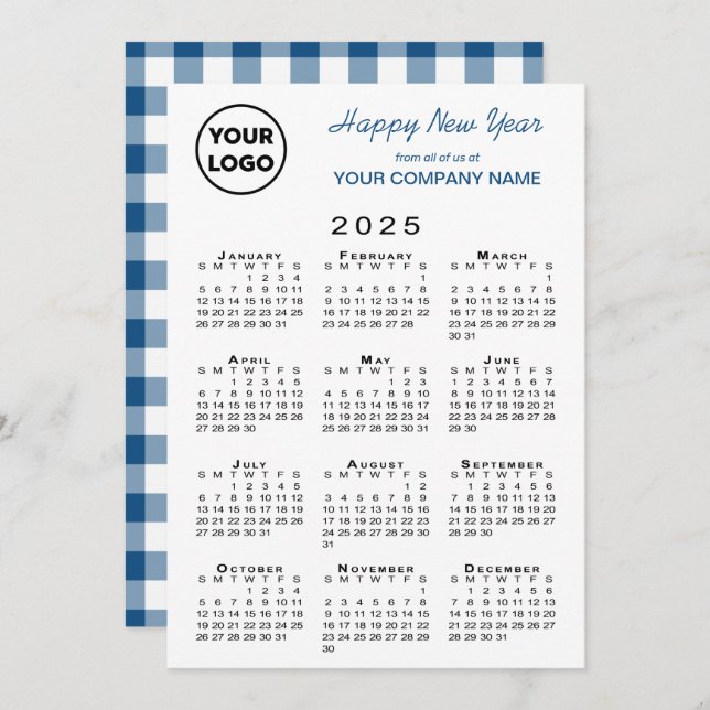 2025 Calendar Business Logotyp Blue White Gingham Julkort (Fram/baksida)