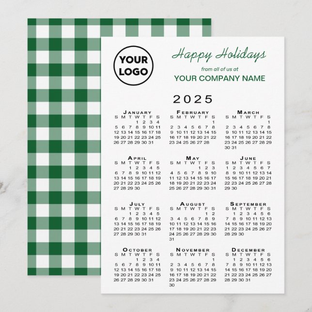2025 Calendar Business Logotyp Grönt White Gingham Julkort (Fram/baksida)