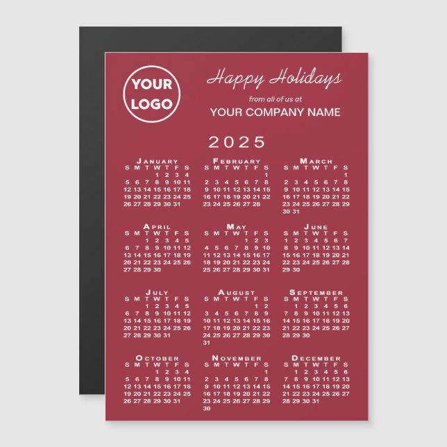 2025 Calendar Business Logotyp Red Helgdag Magnet (Fram/baksida)