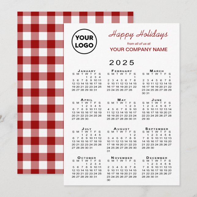 2025 Calendar Business Logotyp Red White Gingham Julkort (Fram/baksida)
