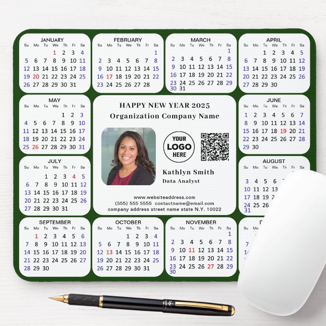 2025 Calendar Business Photo Logotyp QR Modern Grö Musmatta (Skapare uppladdad)
