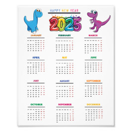 2025 Calendar Colorful Funny Dinosaur Fototryck