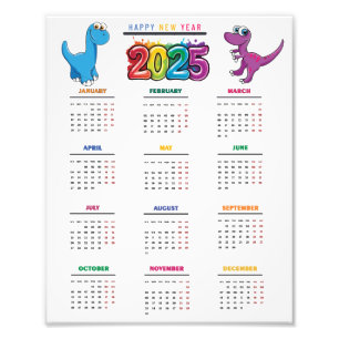 2025 Calendar Colorful Funny Dinosaur Fototryck