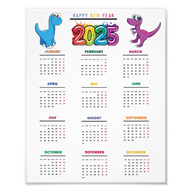 2025 Calendar Colorful Funny Dinosaur Fototryck (Framsidan)