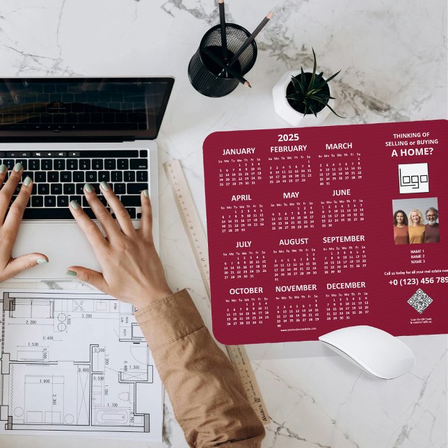 2025 Calendar Company Logotyp QR Code Burgundy Pho Musmatta (2025 Calendar Company Logo QR Code Burgundy  Red Custom Photo Mouse Pad Any Profession Real Estate)