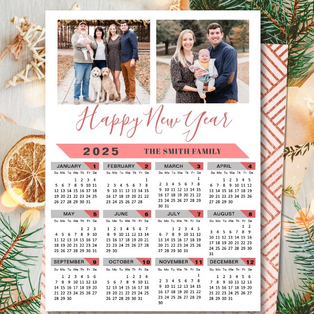 2025 Calendar Family 2 Photo Rosa Script - enkelt Julkort (Skapare uppladdad)
