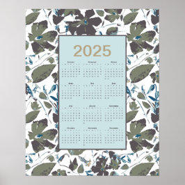 2025 Calendar Grönt Blue Clematis Blommigt Poster